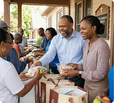 Volunteers distributing food at a church community event