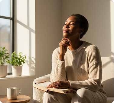 Woman reflecting quietly with a journal by a sunlit window