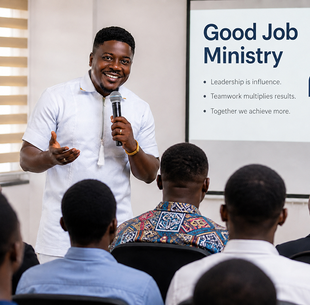 Man teaching in front of a Good Job Ministry presentation slide